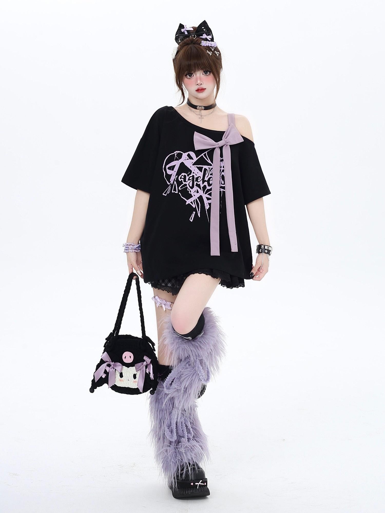 CRAZYGIRL Black Off Shoulder Bow Letter Print Loose Women's Short Sleeve T-shirts