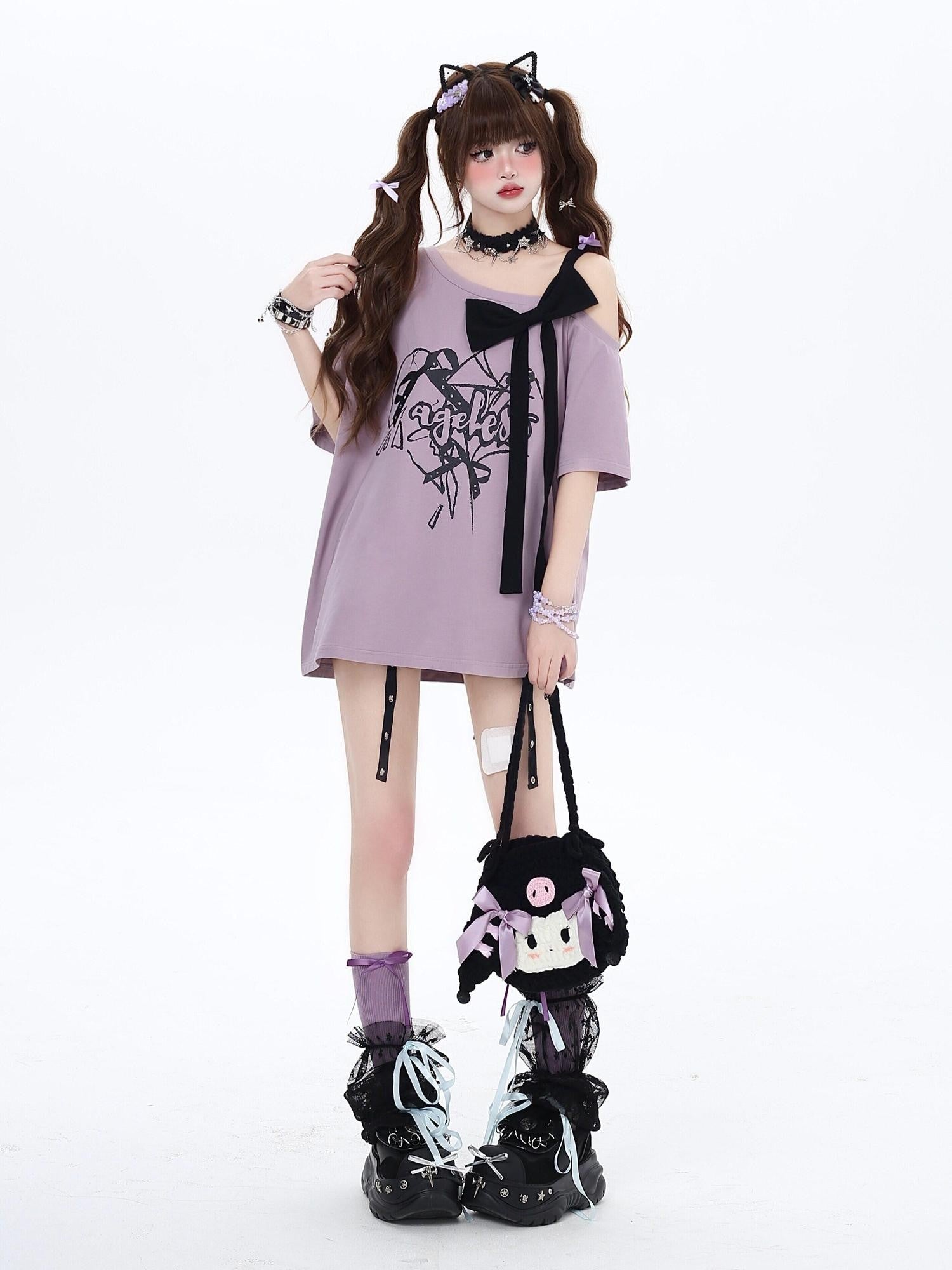 CRAZYGIRL Black Off Shoulder Bow Letter Print Loose Women's Short Sleeve T-shirts