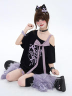 CRAZYGIRL Black Off Shoulder Bow Letter Print Loose Women's Short Sleeve T-shirts