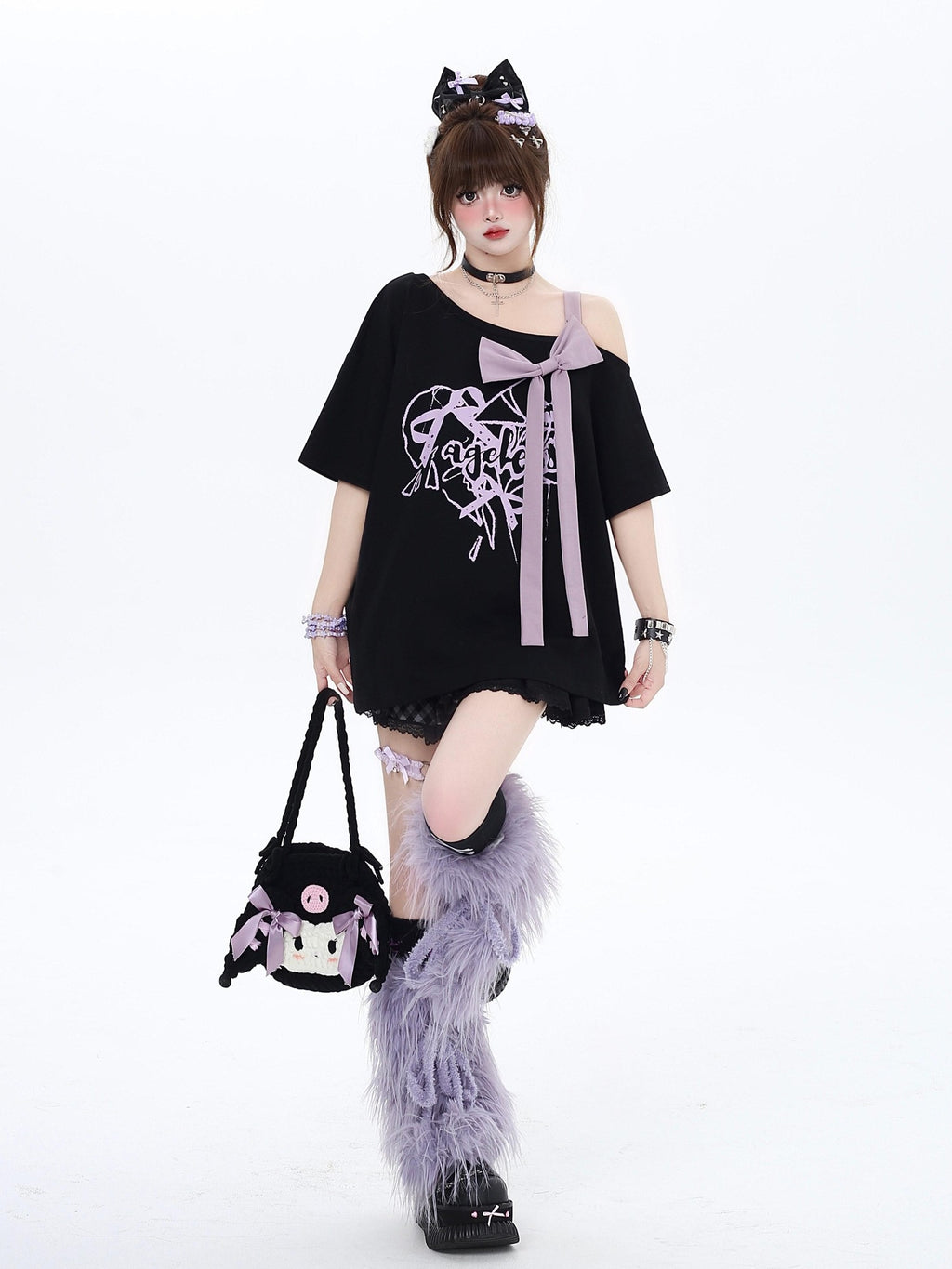 CRAZYGIRL Black Off Shoulder Bow Letter Print Loose Women's Short Sleeve T-shirts