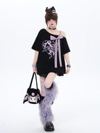 CRAZYGIRL Black Off Shoulder Bow Letter Print Loose Women's Short Sleeve T-shirts