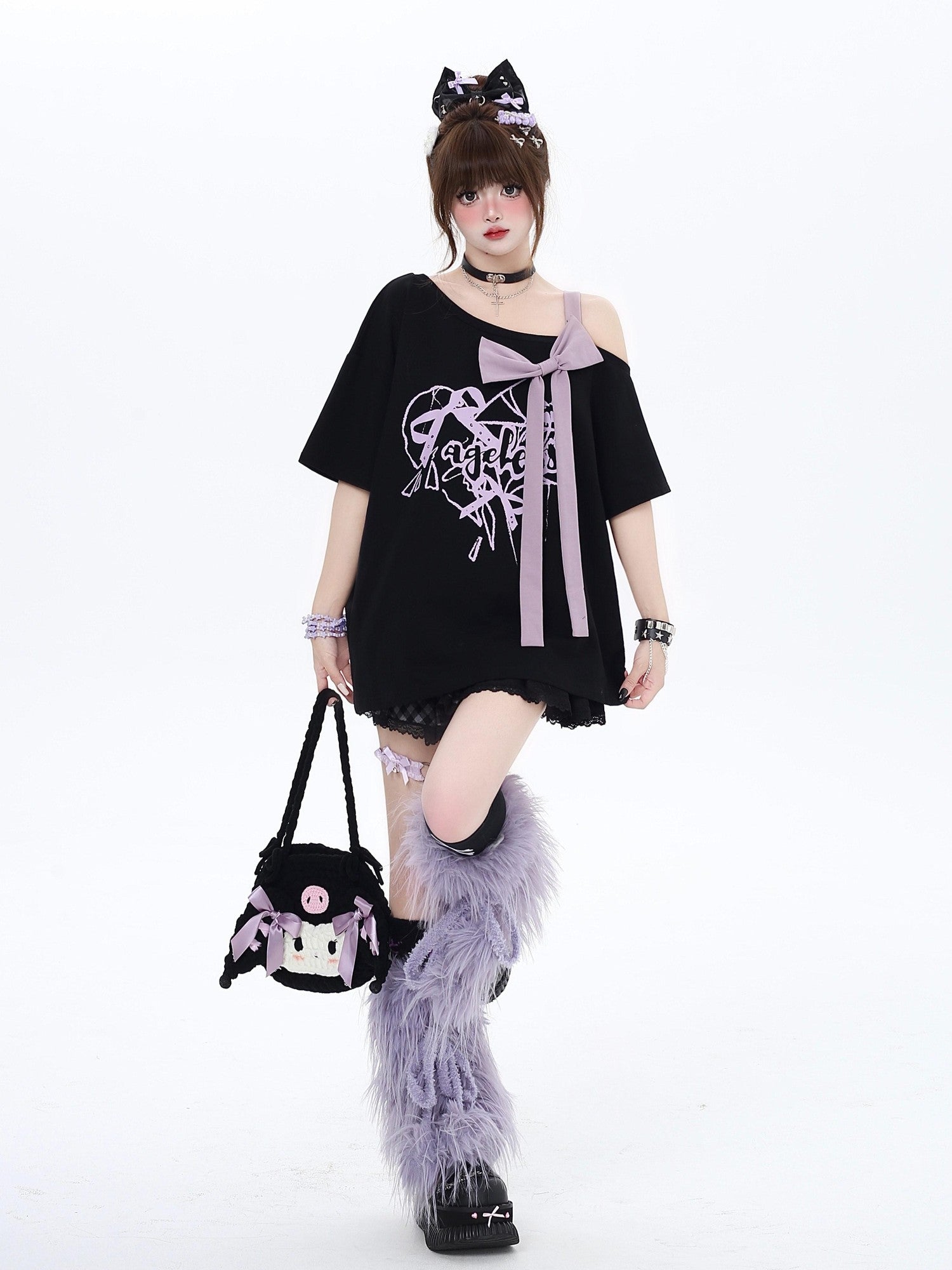 CRAZYGIRL Black Off Shoulder Bow Letter Print Loose Women's Short Sleeve T-shirts