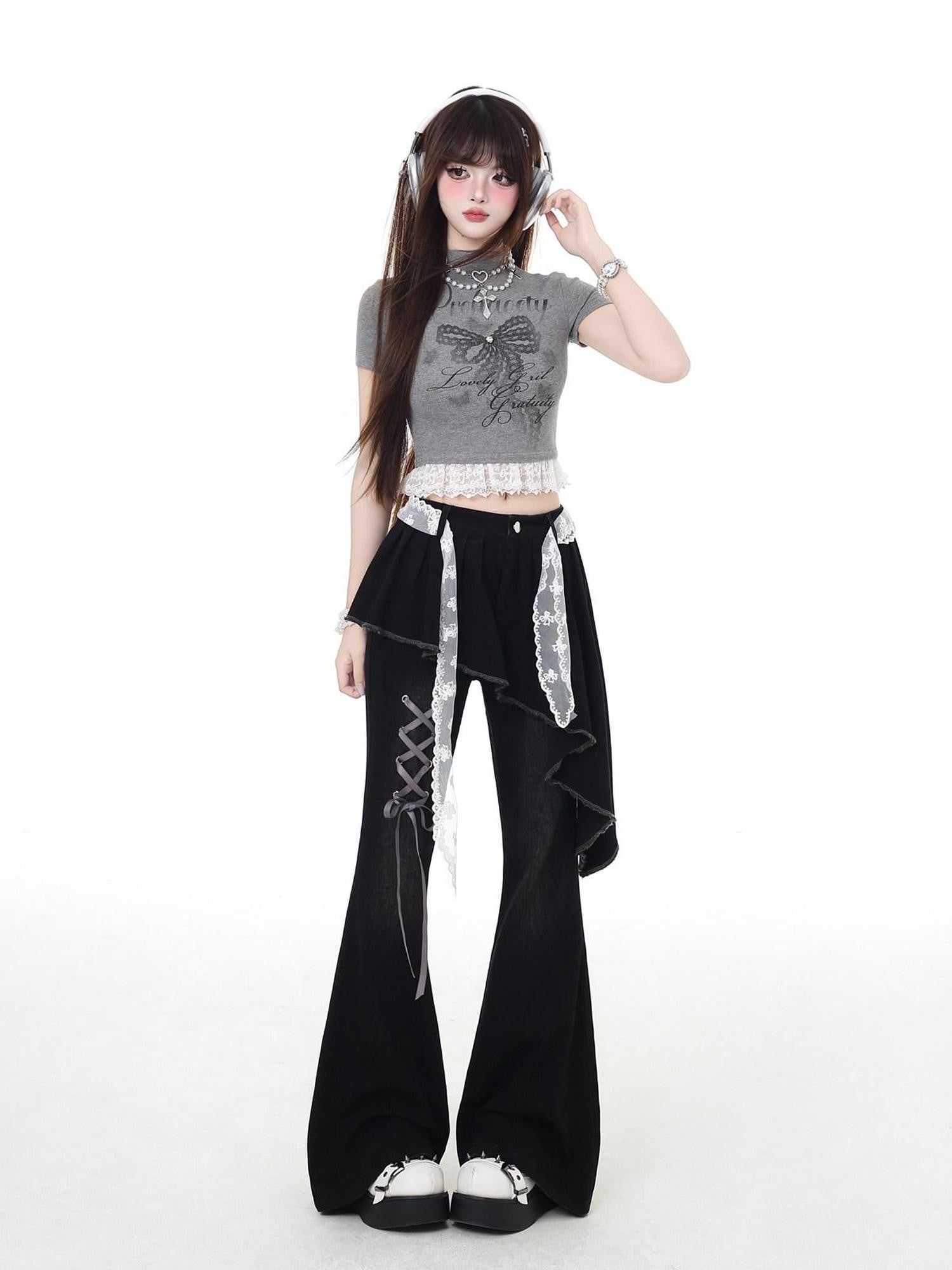 CRAZYGIRL Black Patchwork Mock Layered Tie High Waist Women's Denim Flare Jeans