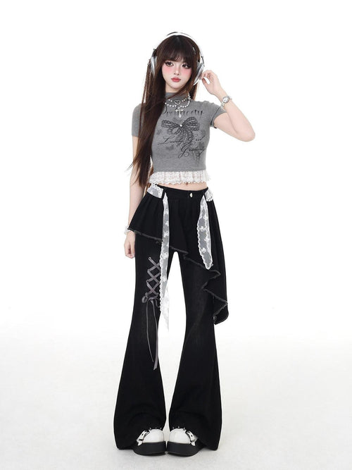 CRAZYGIRL Black Patchwork Mock Layered Tie High Waist Women's Denim Flare Jeans