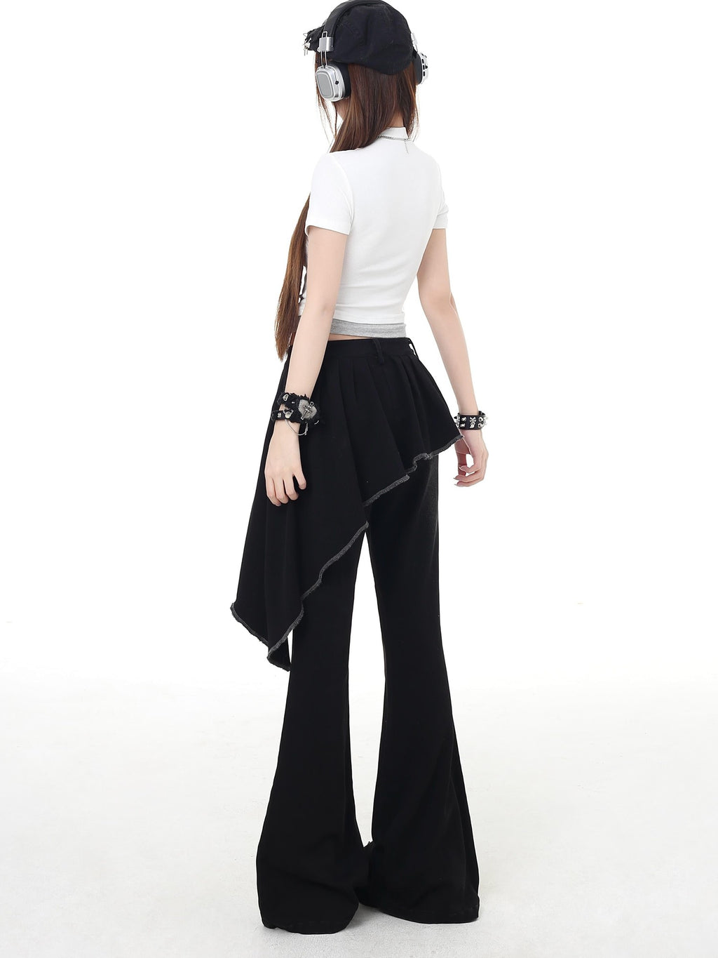 CRAZYGIRL Black Patchwork Mock Layered Tie High Waist Women's Denim Flare Jeans