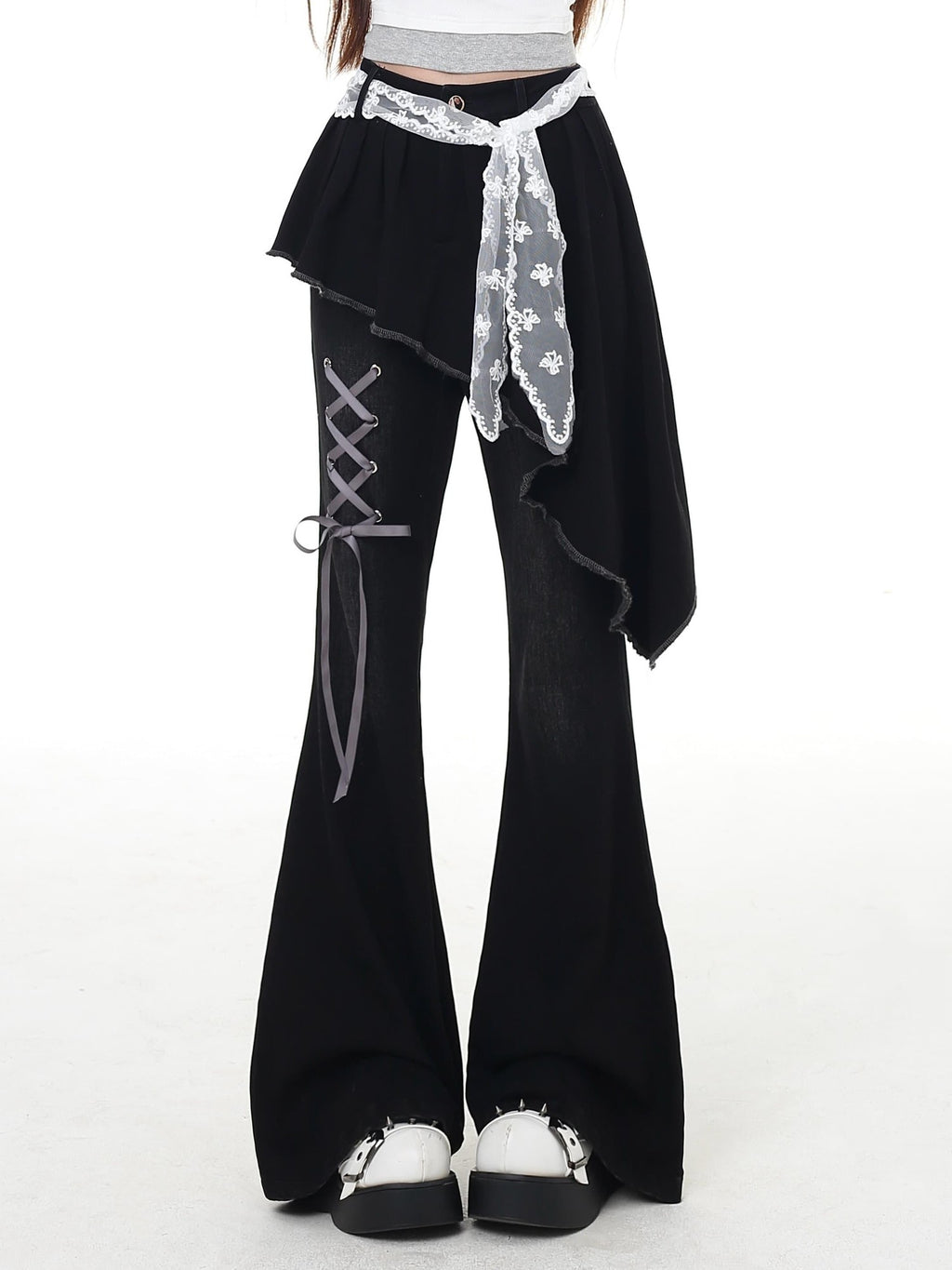 CRAZYGIRL Black Patchwork Mock Layered Tie High Waist Women's Denim Flare Jeans