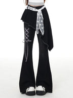 CRAZYGIRL Black Patchwork Mock Layered Tie High Waist Women's Denim Flare Jeans