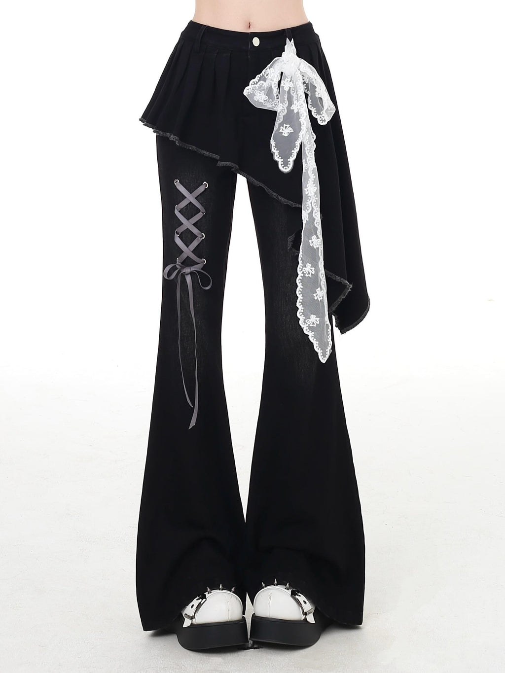 CRAZYGIRL Black Patchwork Mock Layered Tie High Waist Women's Denim Flare Jeans