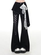 CRAZYGIRL Black Patchwork Mock Layered Tie High Waist Women's Denim Flare Jeans