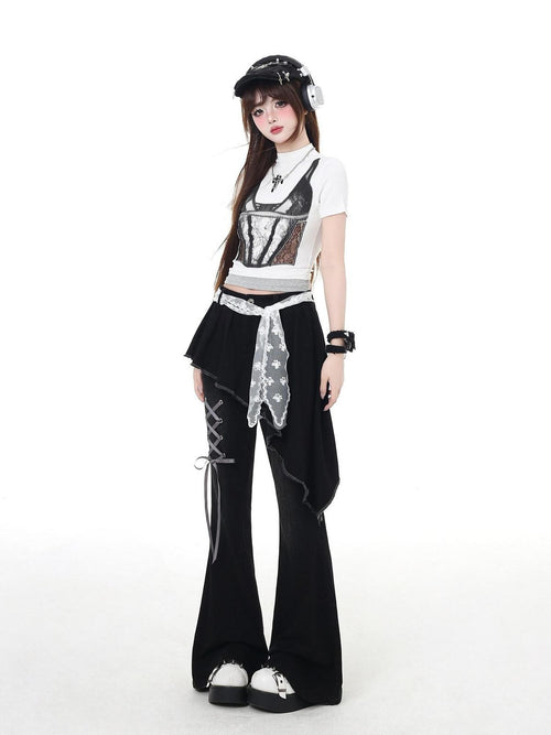 CRAZYGIRL Black Patchwork Mock Layered Tie High Waist Women's Denim Flare Jeans