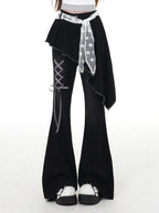 CRAZYGIRL Black Patchwork Mock Layered Tie High Waist Women's Denim Flare Jeans
