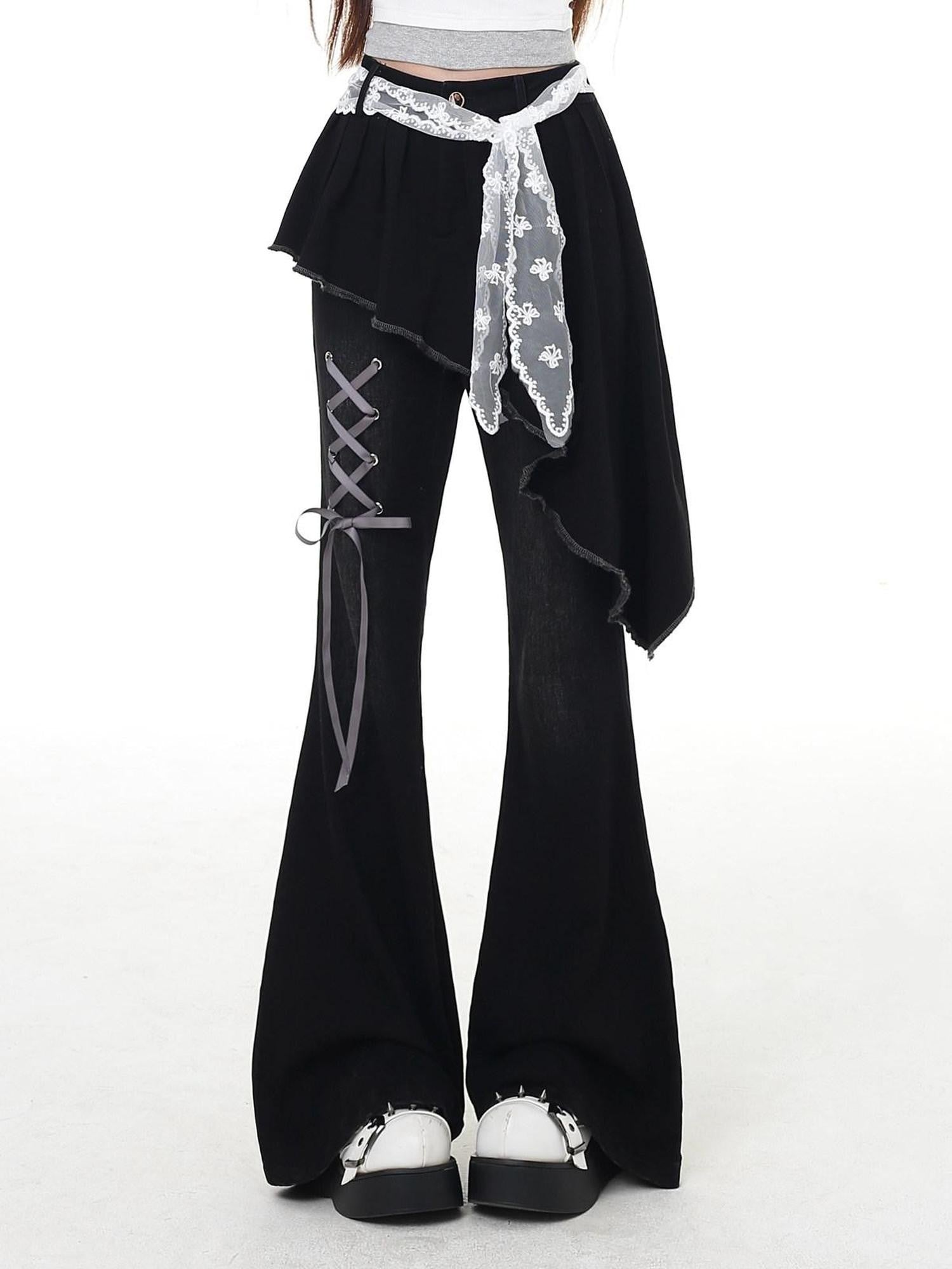 CRAZYGIRL Black Patchwork Mock Layered Tie High Waist Women's Denim Flare Jeans