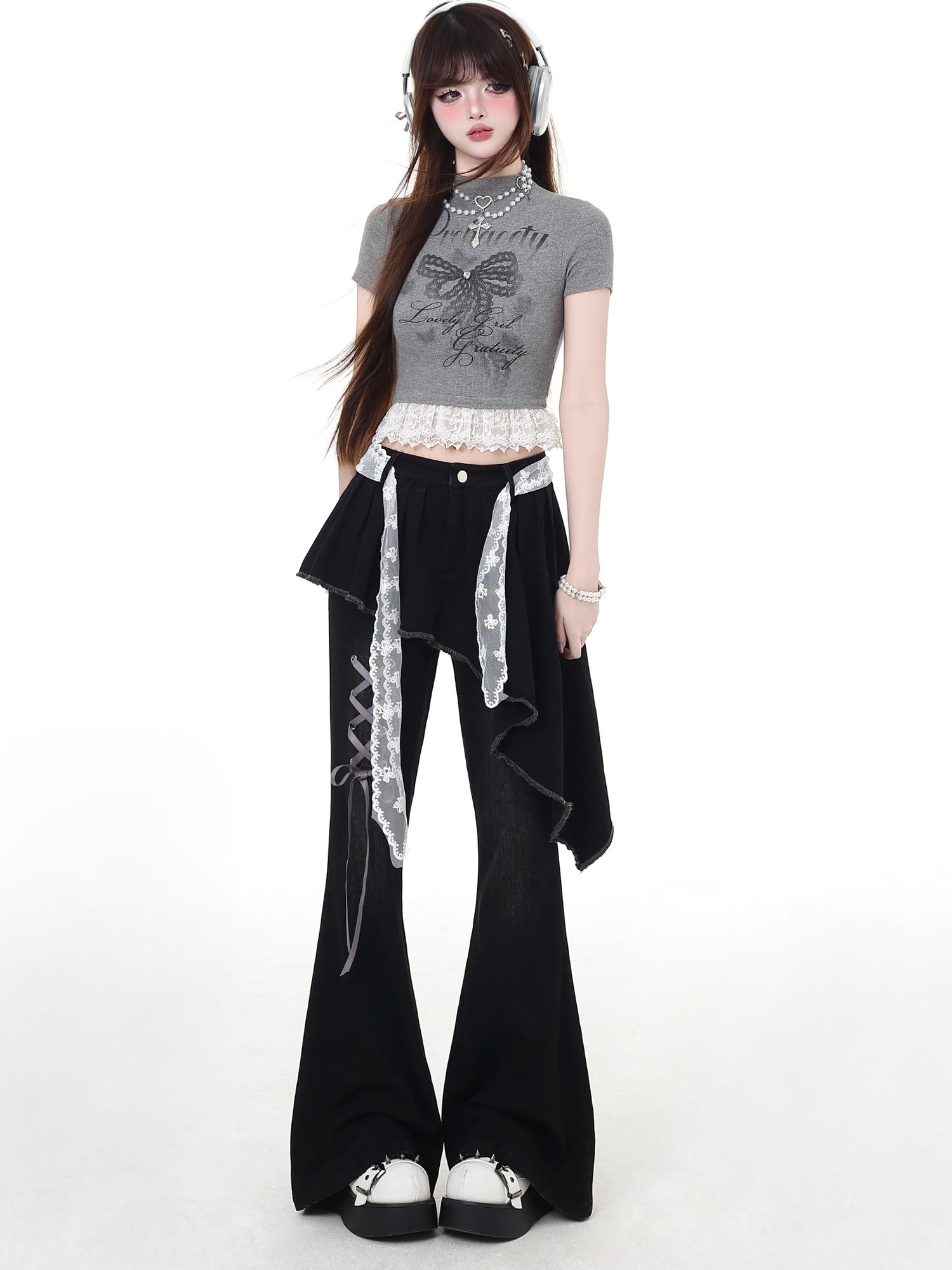 CRAZYGIRL Black Patchwork Mock Layered Tie High Waist Women's Denim Flare Jeans