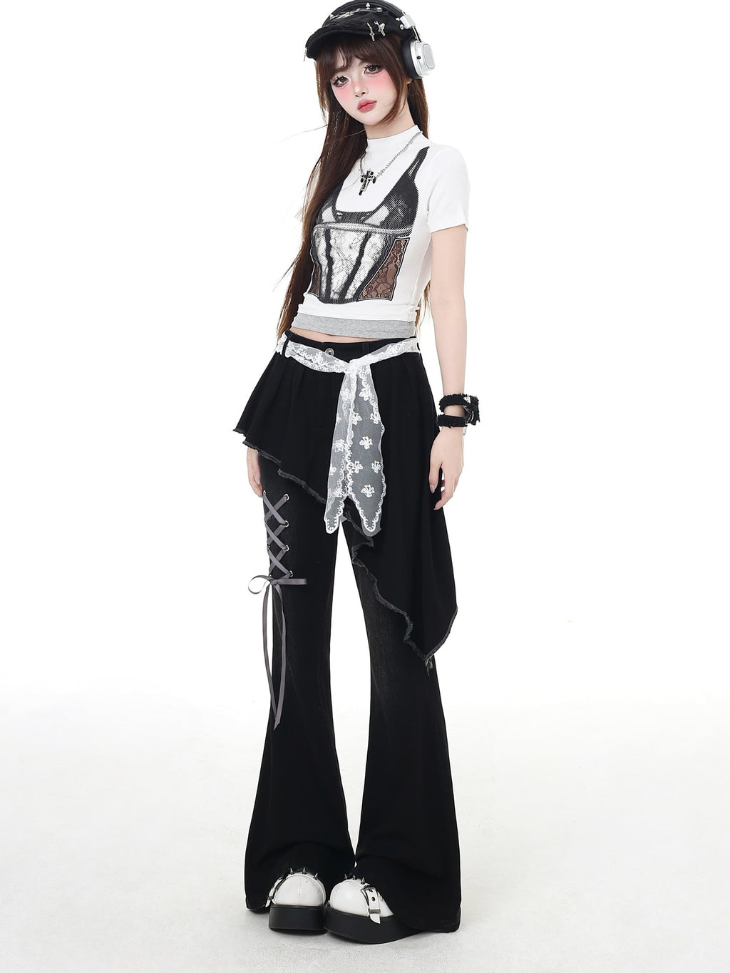 CRAZYGIRL Black Patchwork Mock Layered Tie High Waist Women's Denim Flare Jeans