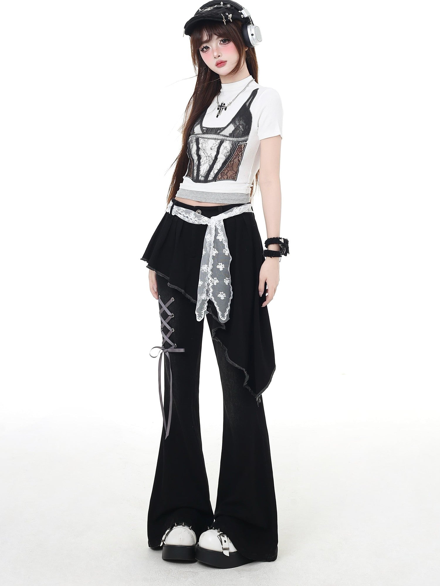 CRAZYGIRL Black Patchwork Mock Layered Tie High Waist Women's Denim Flare Jeans