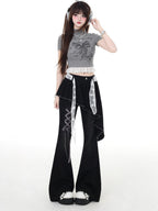 CRAZYGIRL Black Patchwork Mock Layered Tie High Waist Women's Denim Flare Jeans