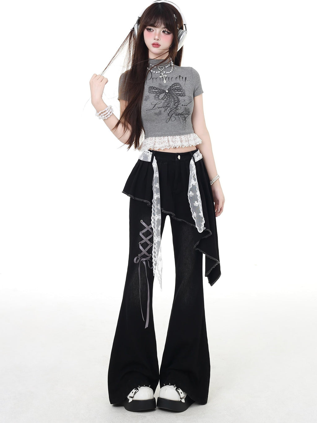 CRAZYGIRL Black Patchwork Mock Layered Tie High Waist Women's Denim Flare Jeans