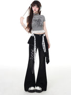 CRAZYGIRL Black Patchwork Mock Layered Tie High Waist Women's Denim Flare Jeans