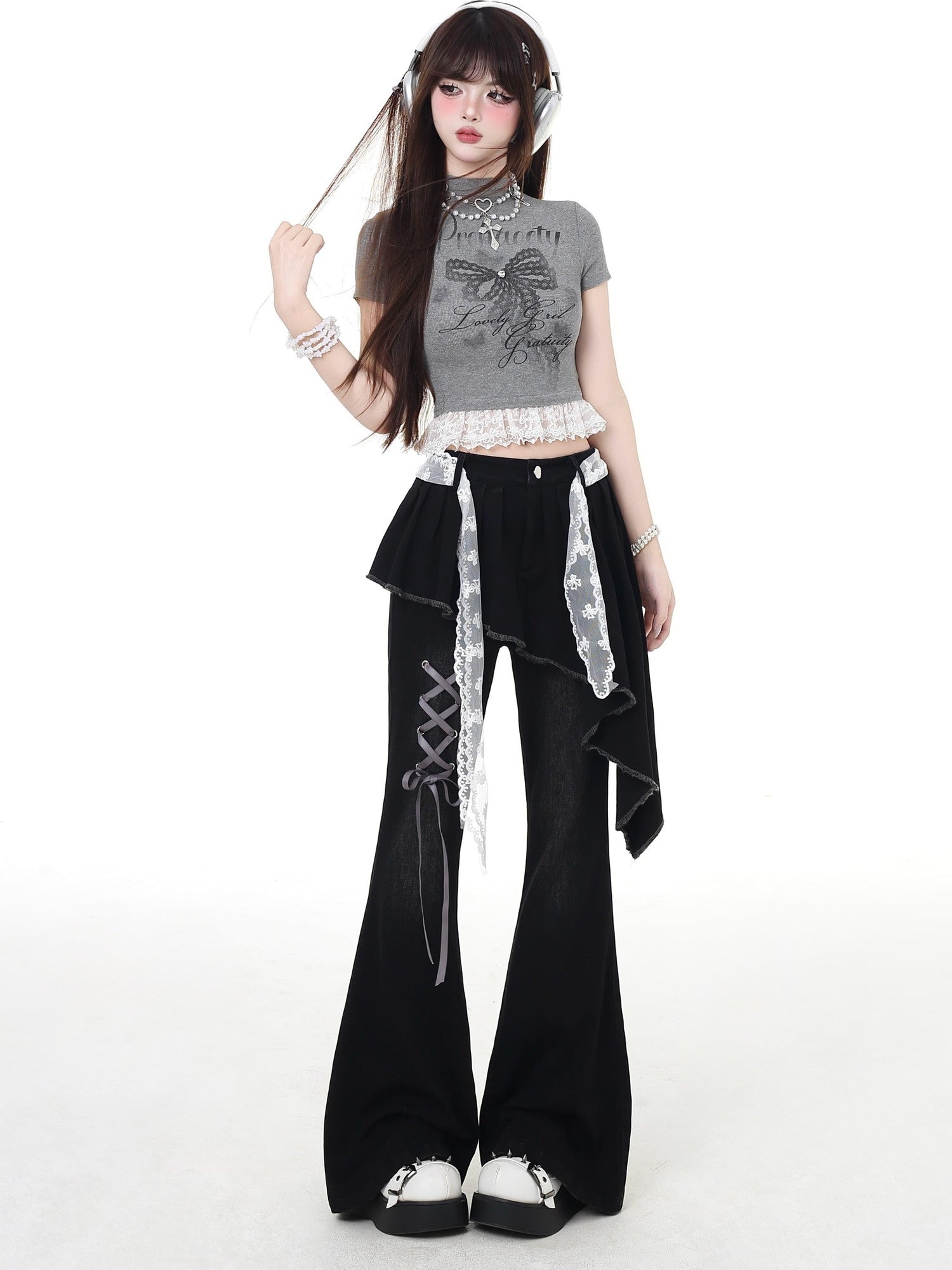 CRAZYGIRL Black Patchwork Mock Layered Tie High Waist Women's Denim Flare Jeans