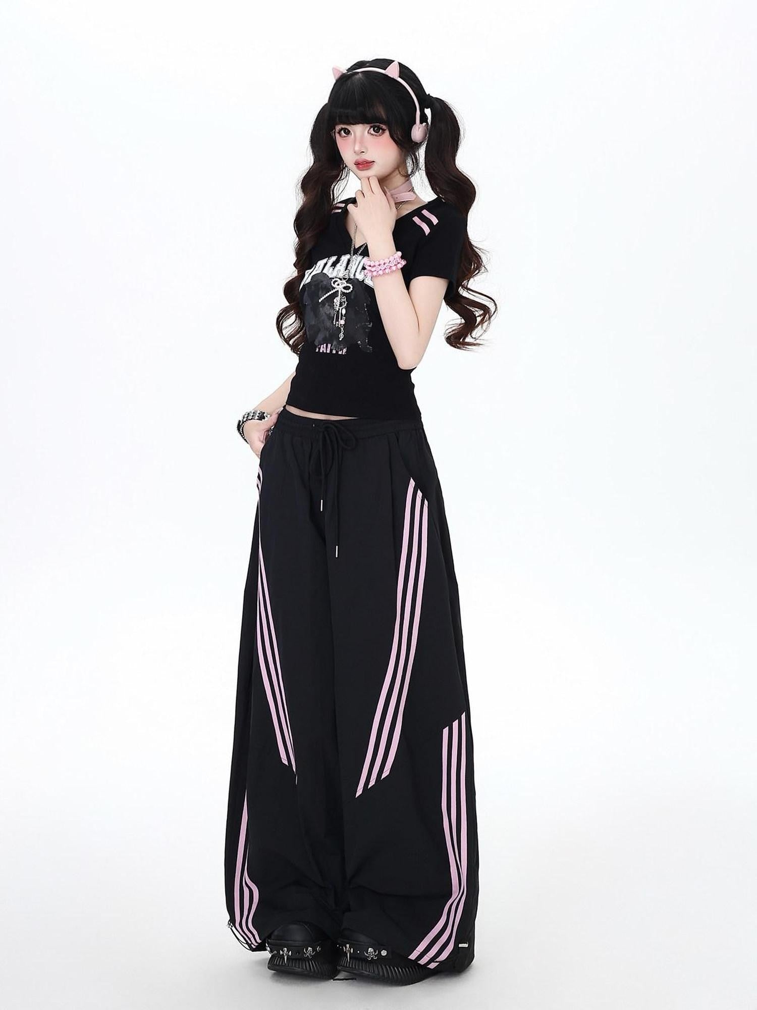 CRAZYGIRL Black Pink Striped Vintage High Waist Relaxed Sporty Women's Straight Pants