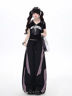 CRAZYGIRL Black Pink Striped Vintage High Waist Relaxed Sporty Women's Straight Pants