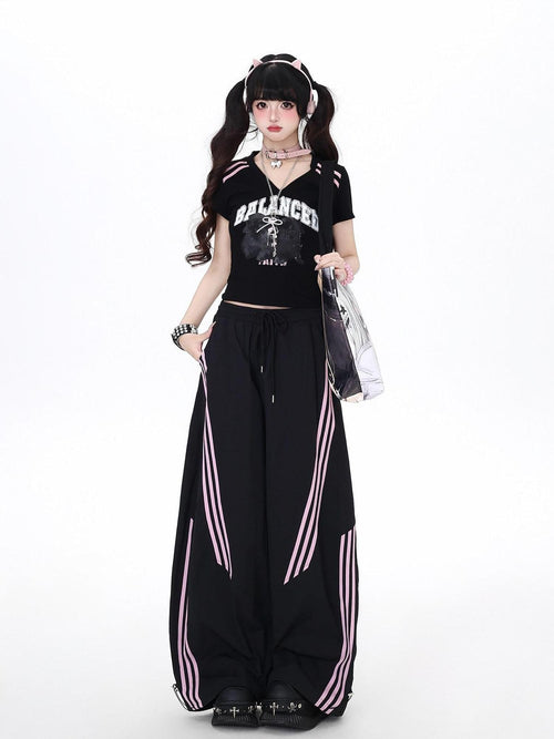 CRAZYGIRL Black Pink Striped Vintage High Waist Relaxed Sporty Women's Straight Pants