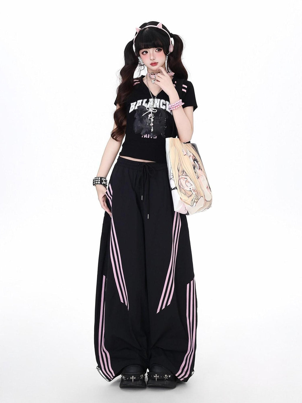 CRAZYGIRL Black Pink Striped Vintage High Waist Relaxed Sporty Women's Straight Pants
