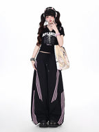 CRAZYGIRL Black Pink Striped Vintage High Waist Relaxed Sporty Women's Straight Pants