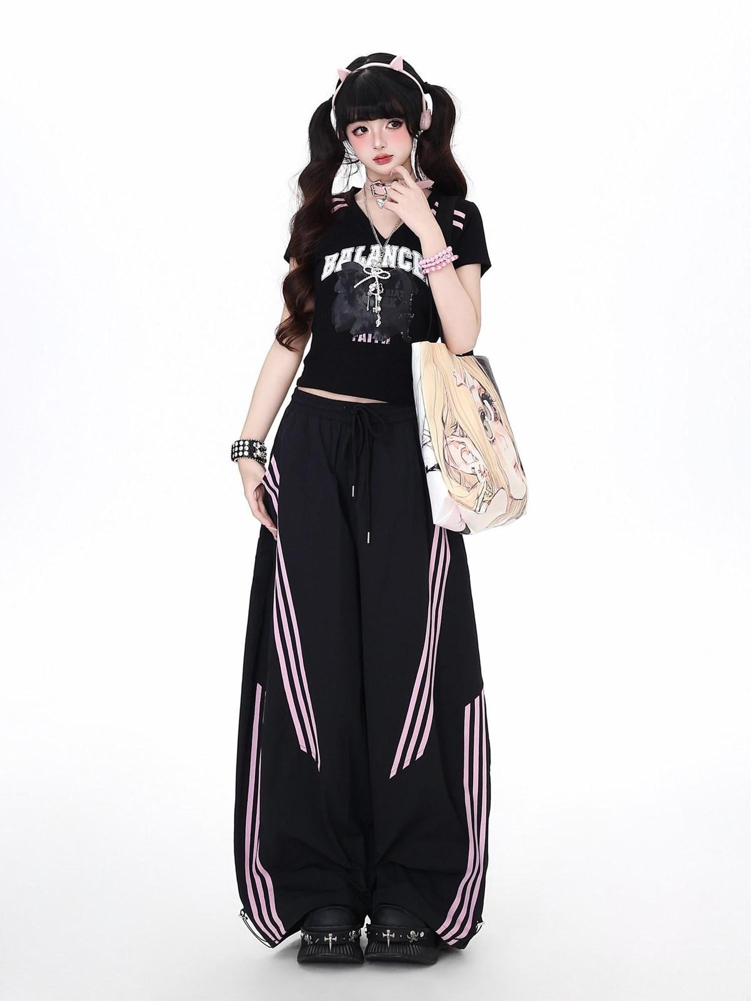 CRAZYGIRL Black Pink Striped Vintage High Waist Relaxed Sporty Women's Straight Pants