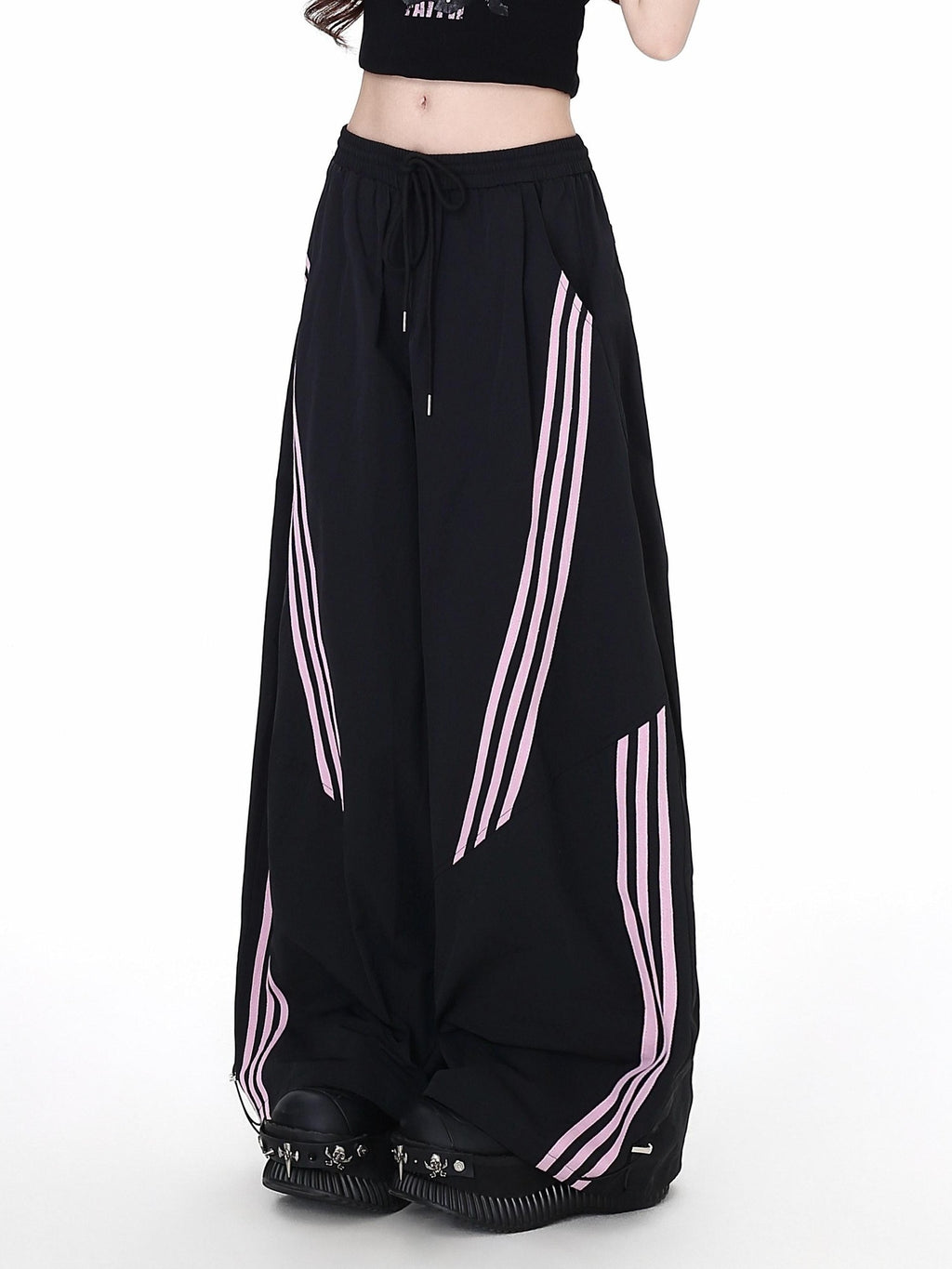 CRAZYGIRL Black Pink Striped Vintage High Waist Relaxed Sporty Women's Straight Pants