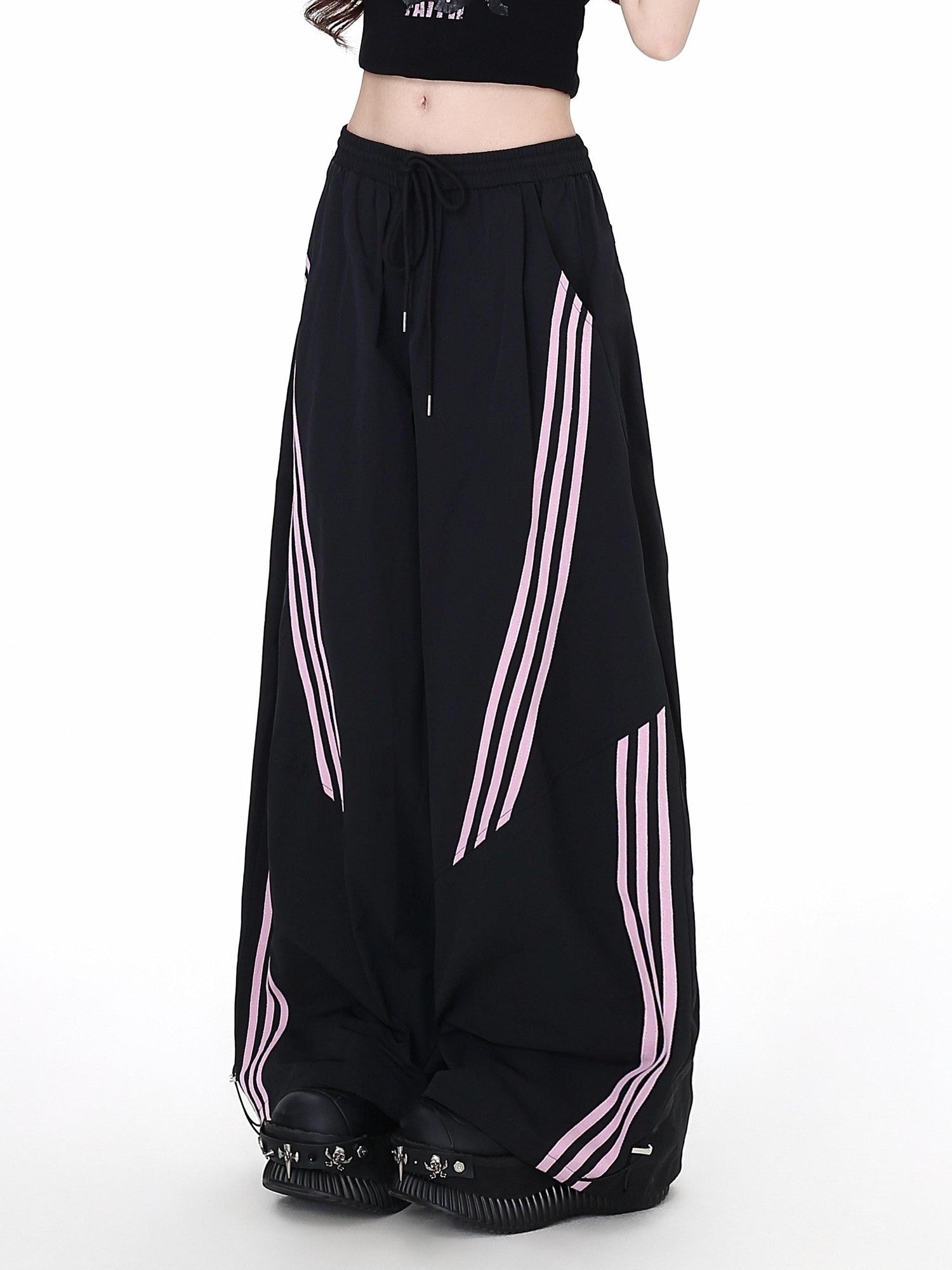 CRAZYGIRL Black Pink Striped Vintage High Waist Relaxed Sporty Women's Straight Pants