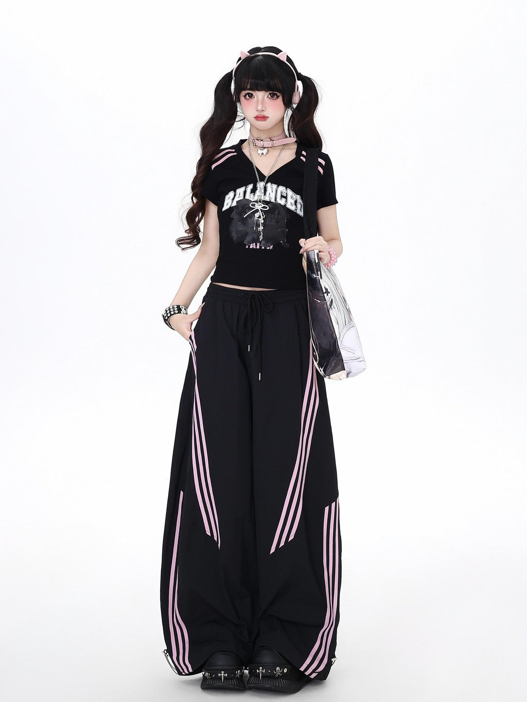CRAZYGIRL Black Pink Striped Vintage High Waist Relaxed Sporty Women's Straight Pants
