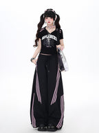 CRAZYGIRL Black Pink Striped Vintage High Waist Relaxed Sporty Women's Straight Pants
