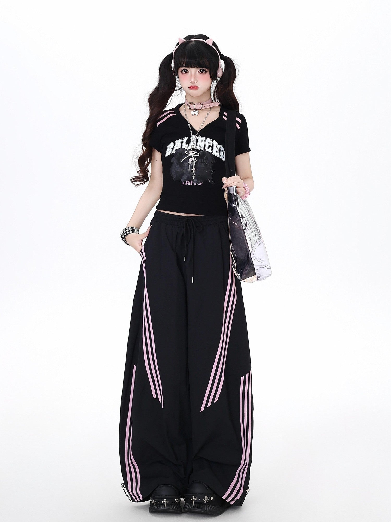 CRAZYGIRL Black Pink Striped Vintage High Waist Relaxed Sporty Women's Straight Pants