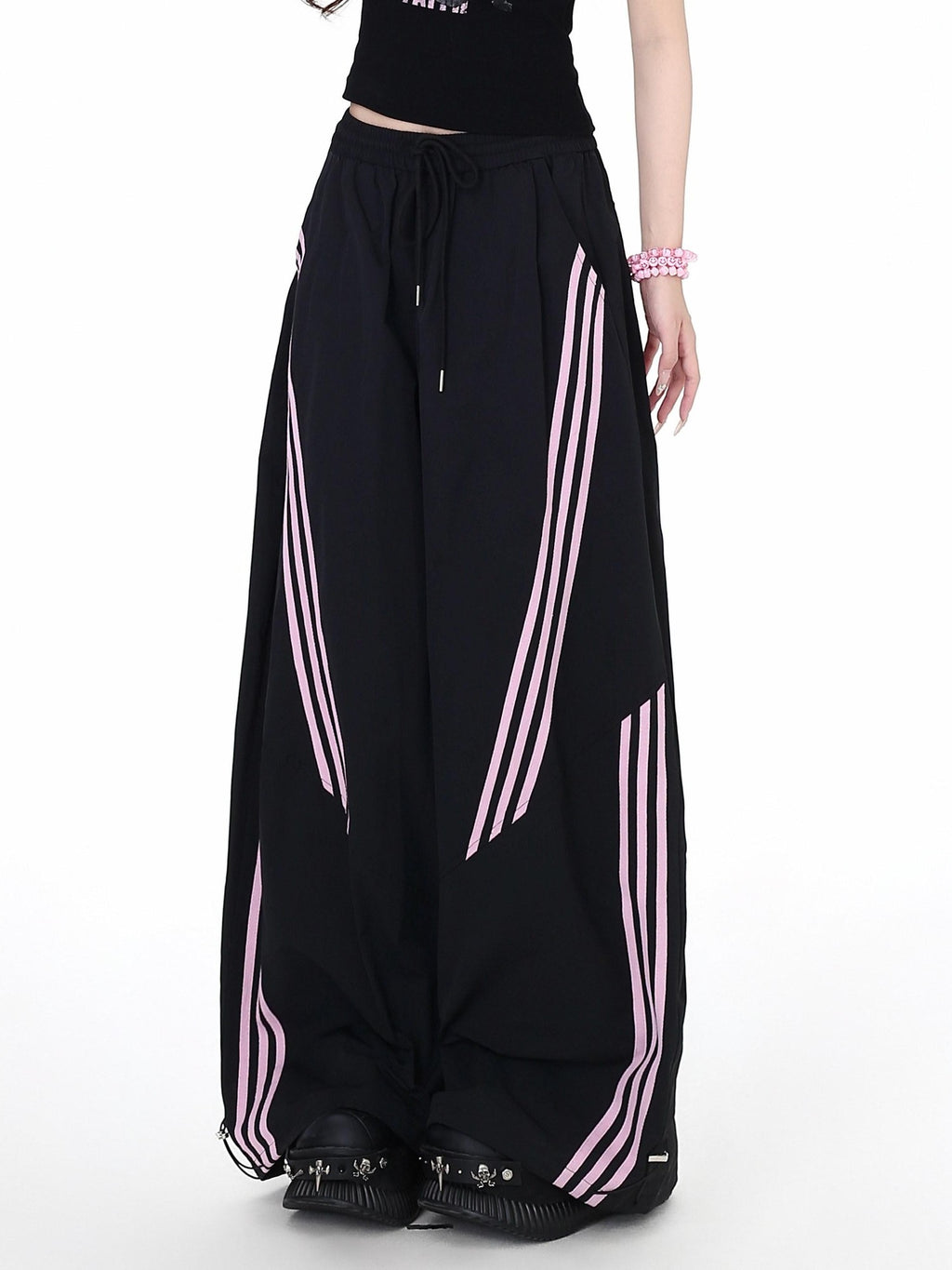 CRAZYGIRL Black Pink Striped Vintage High Waist Relaxed Sporty Women's Straight Pants