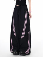 CRAZYGIRL Black Pink Striped Vintage High Waist Relaxed Sporty Women's Straight Pants