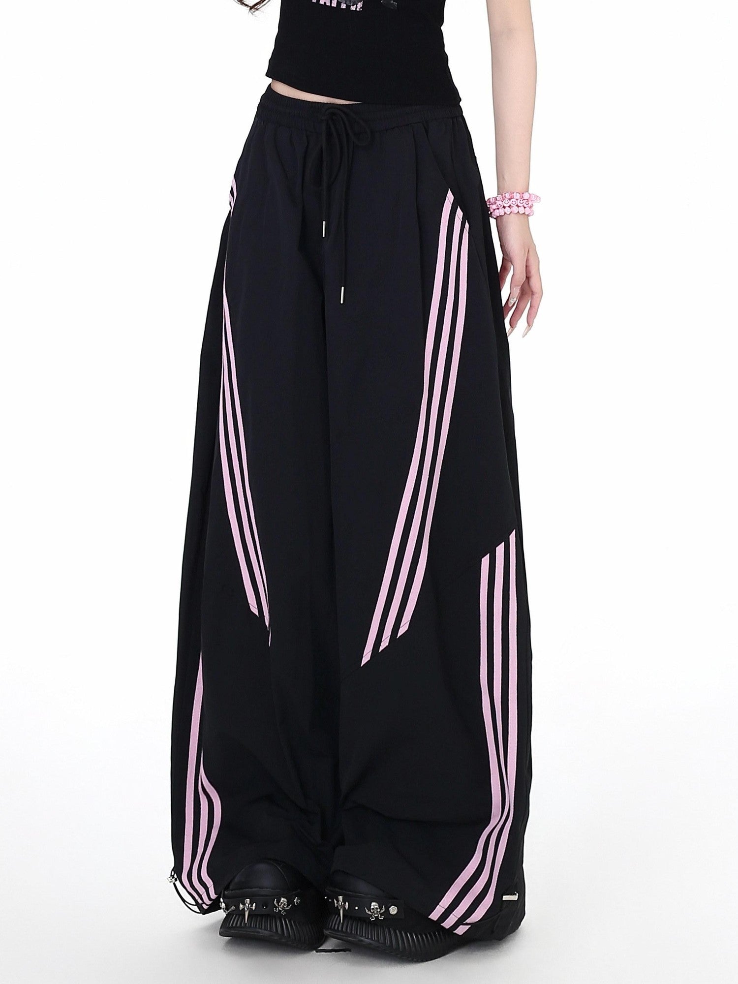CRAZYGIRL Black Pink Striped Vintage High Waist Relaxed Sporty Women's Straight Pants