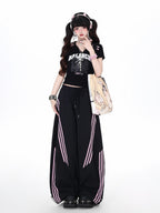 CRAZYGIRL Black Pink Striped Vintage High Waist Relaxed Sporty Women's Straight Pants