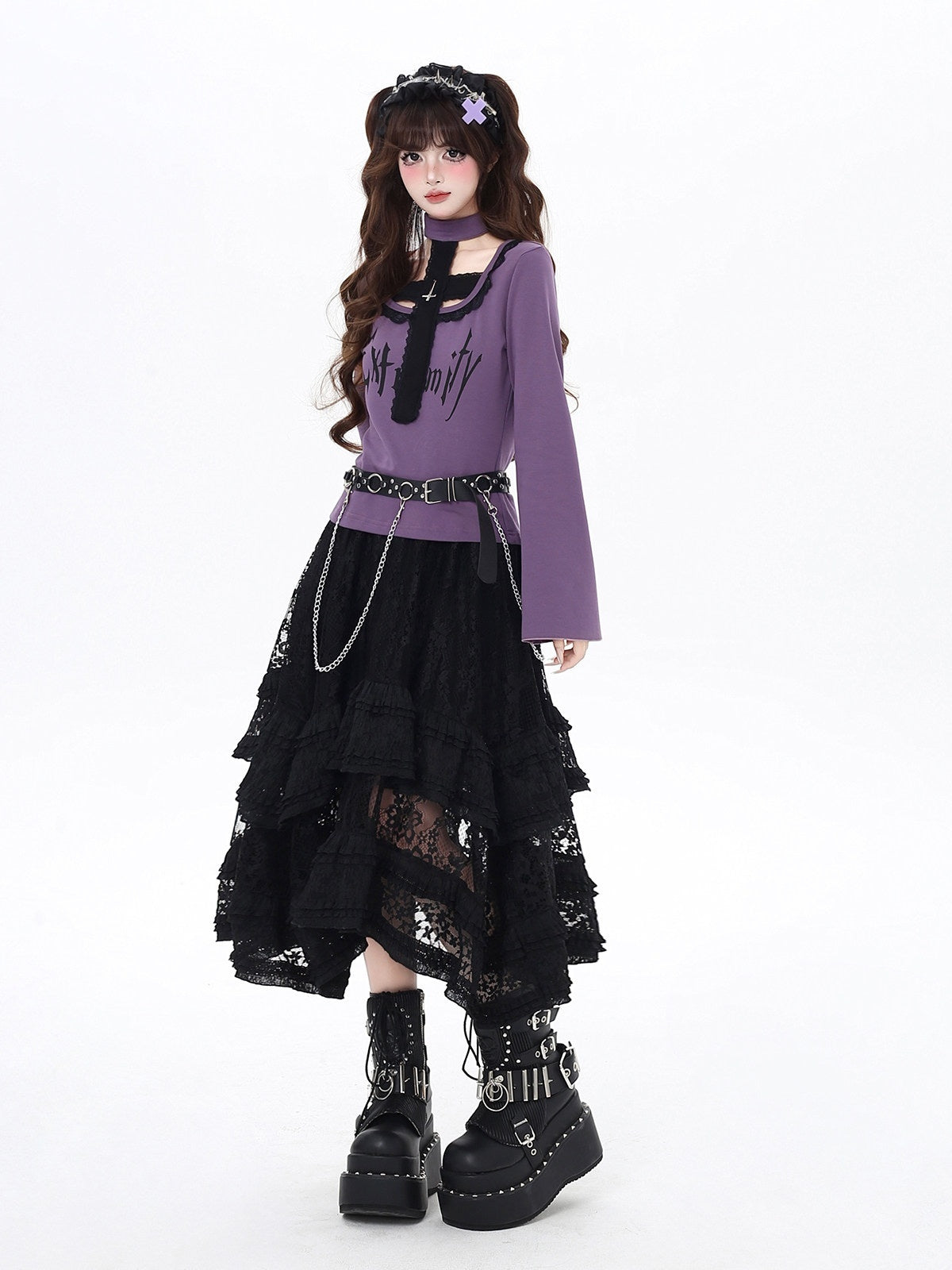 CRAZYGIRL_Black_Purple_Halter_Neck_Letter_Print_Slim_Cropped_Women's_Long_Sleeve_T-shirts_907894085323_MISSTT