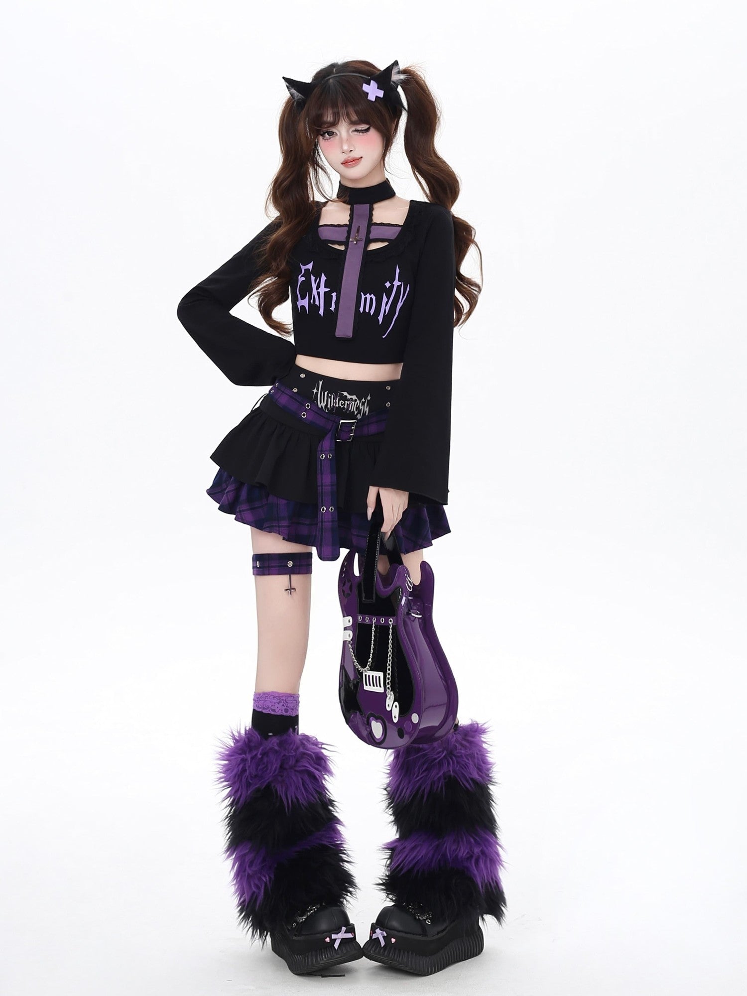 CRAZYGIRL Black Purple Halter Neck Letter Print Slim Cropped Women's Long Sleeve T-shirts