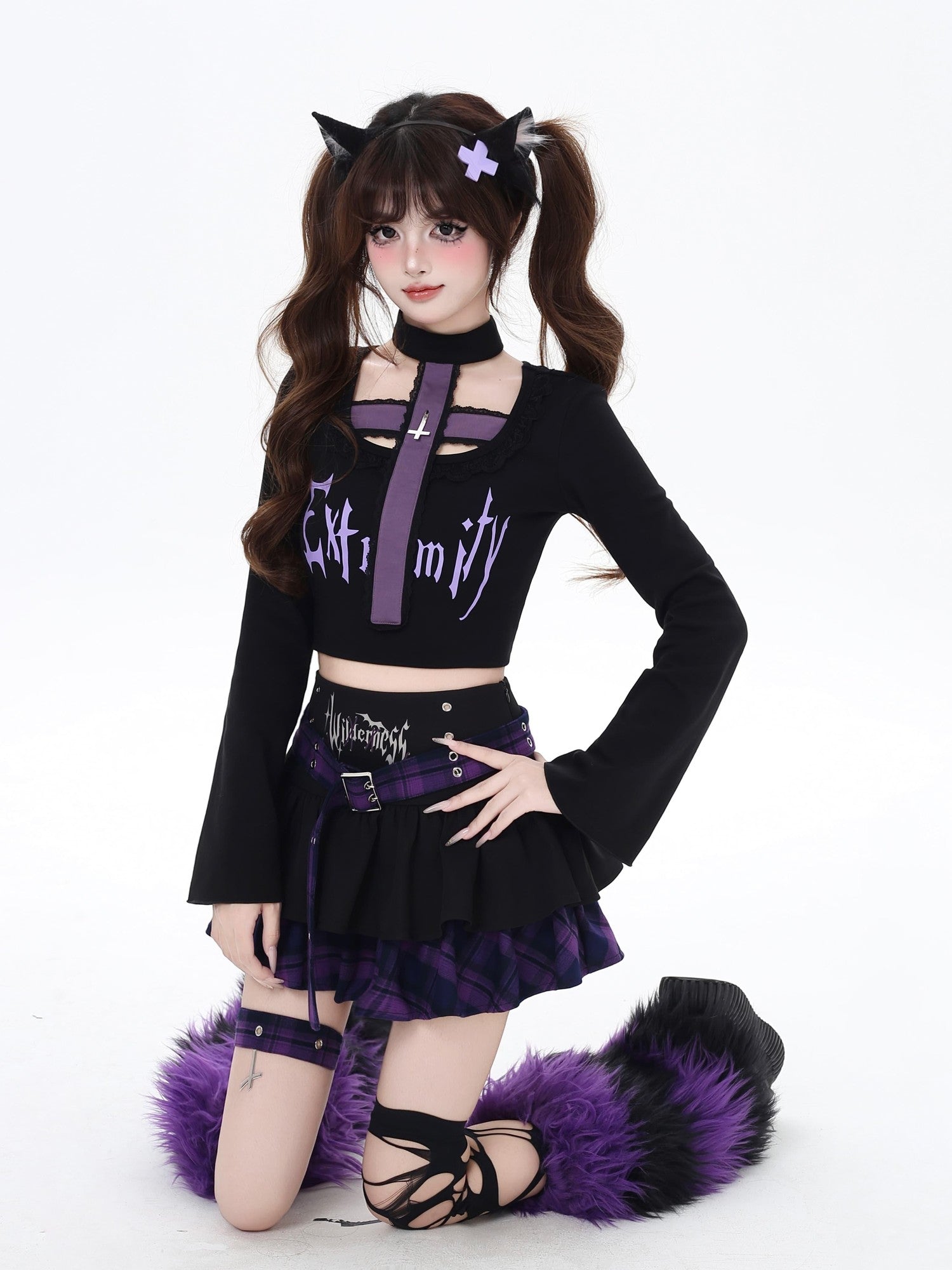 CRAZYGIRL Black Purple Halter Neck Letter Print Slim Cropped Women's Long Sleeve T-shirts