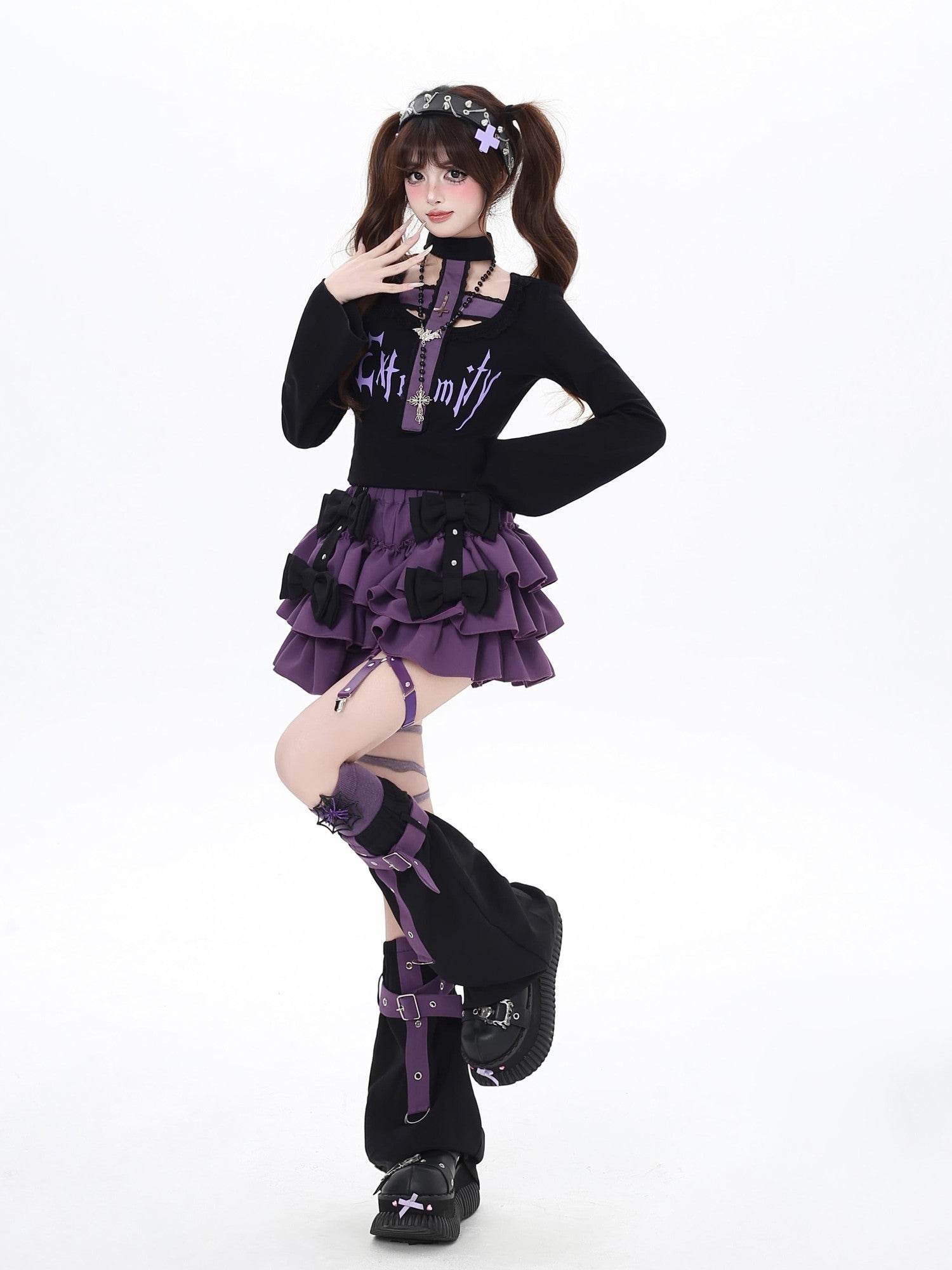 CRAZYGIRL Black Purple Halter Neck Letter Print Slim Cropped Women's Long Sleeve T-shirts