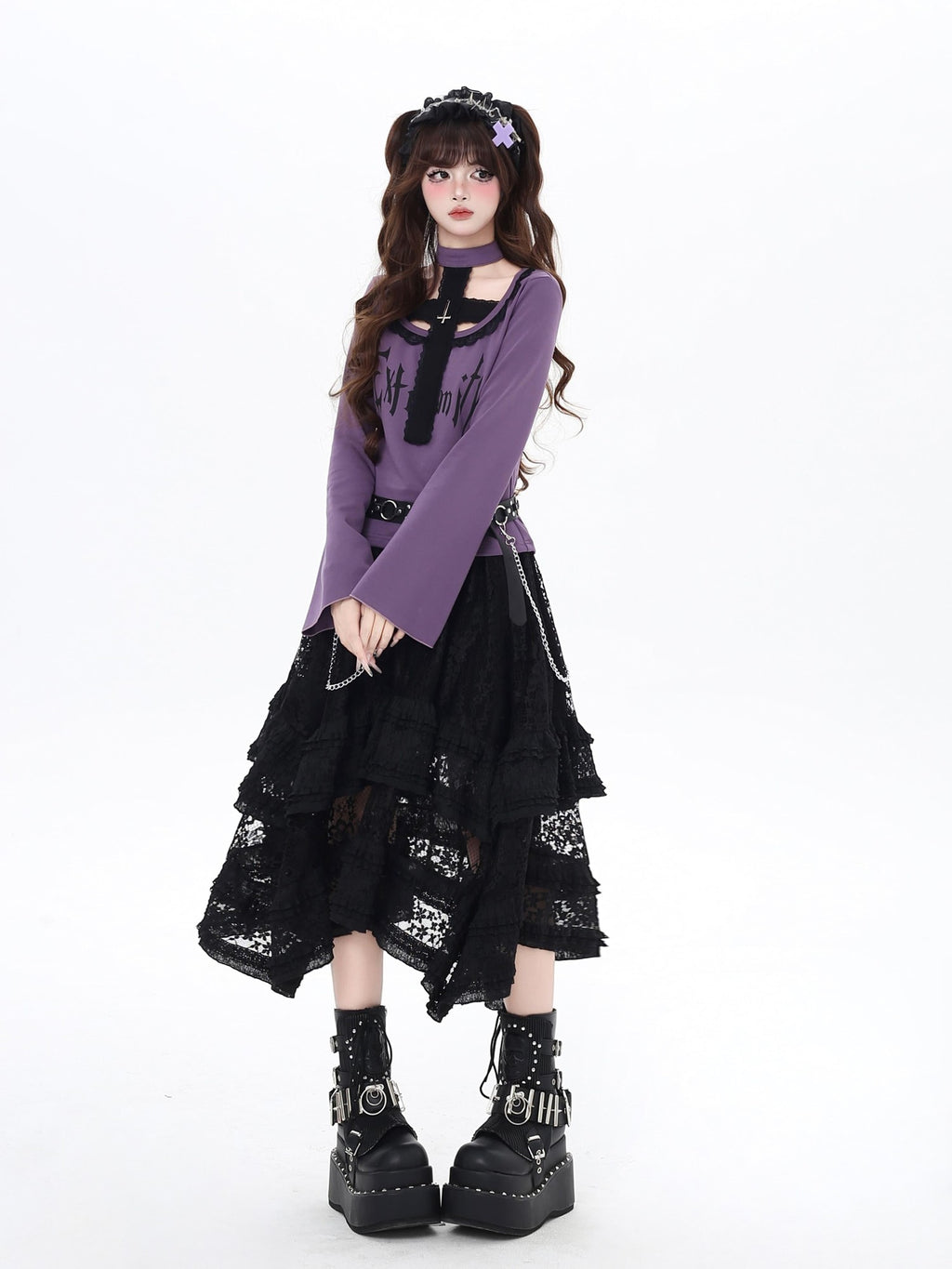 CRAZYGIRL Black Purple Halter Neck Letter Print Slim Cropped Women's Long Sleeve T-shirts