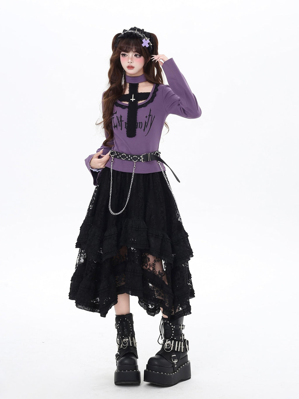 CRAZYGIRL Black Purple Halter Neck Letter Print Slim Cropped Women's Long Sleeve T-shirts