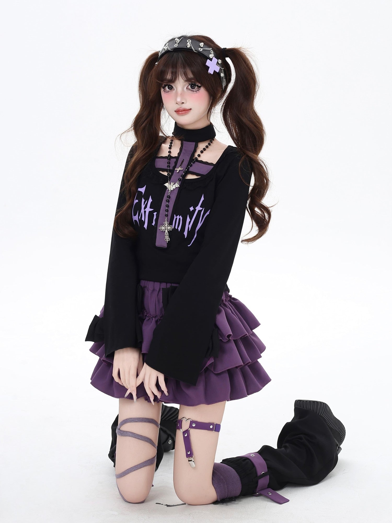 CRAZYGIRL Black Purple Halter Neck Letter Print Slim Cropped Women's Long Sleeve T-shirts