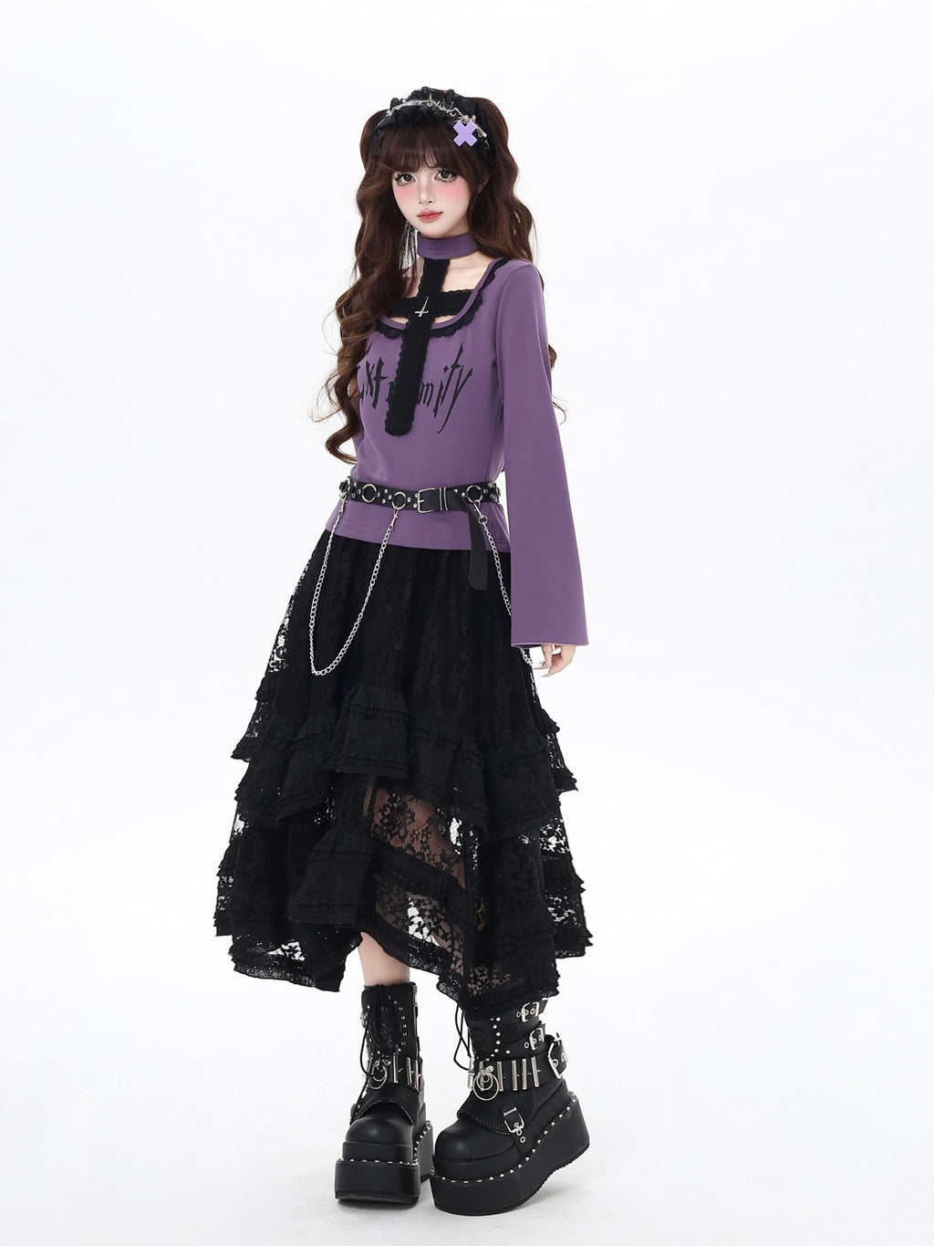 CRAZYGIRL Black Purple Halter Neck Letter Print Slim Cropped Women's Long Sleeve T-shirts
