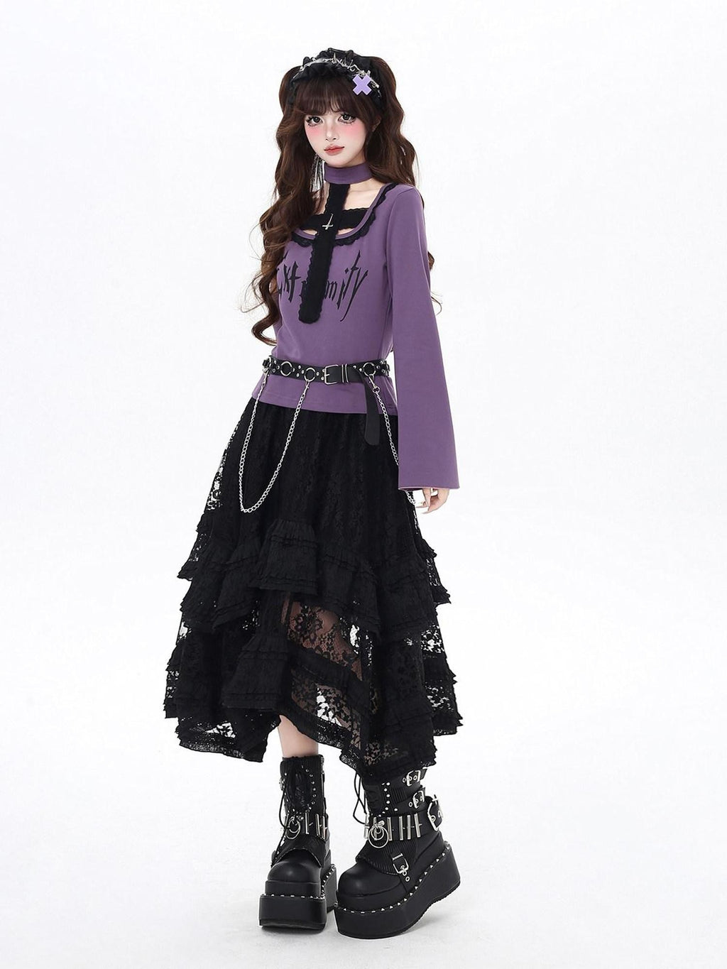 CRAZYGIRL Black Purple Halter Neck Letter Print Slim Cropped Women's Long Sleeve T-shirts