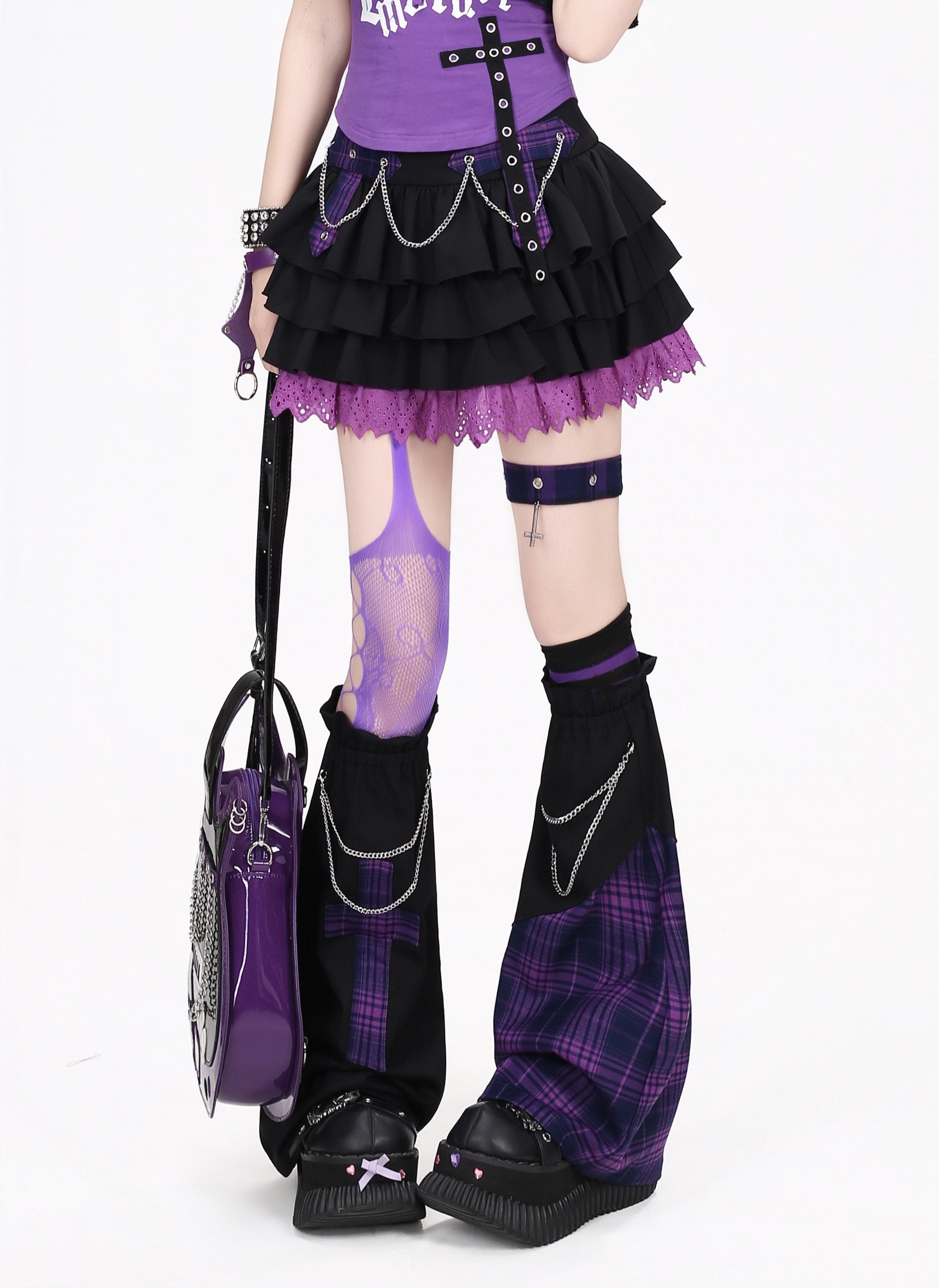 CRAZYGIRL_Black_Purple_Plaid_Patchwork_Zipper_High_Waist_Puff_Women's_Mini_Skirts_1060757084721_MISSTT