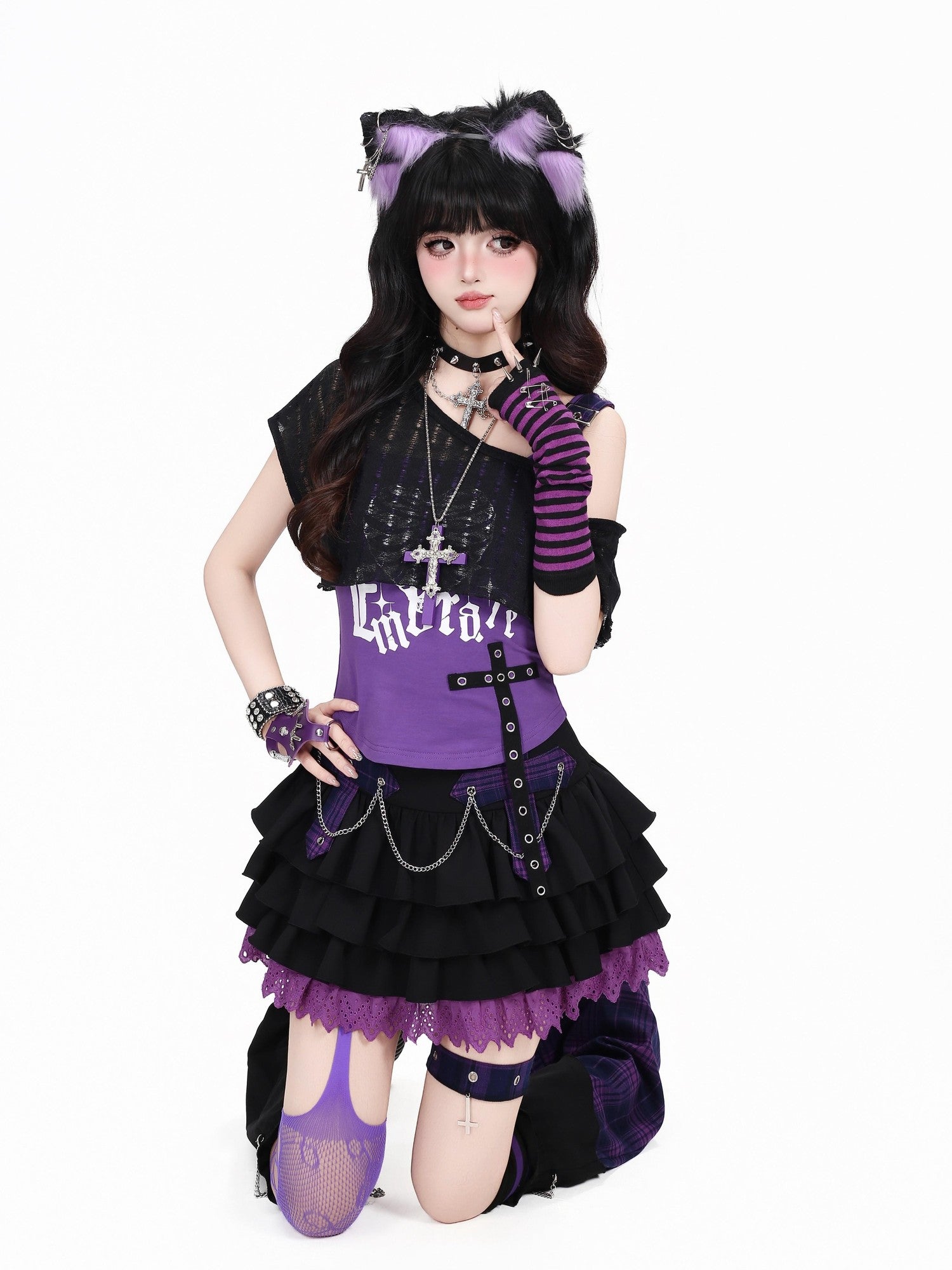 CRAZYGIRL Black Purple Plaid Patchwork Zipper High Waist Puff Women's Mini Skirts