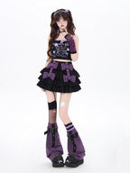 CRAZYGIRL Black Purple Puff Ruffle Bow Cake Women's Polyurethane Mini Skirts